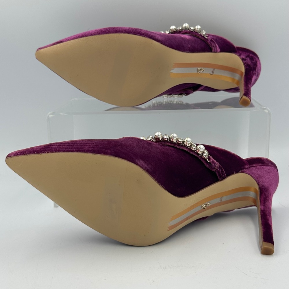 Sam Edelman Hyland Velvet Mule Heels 6.5 Purple Pearl Crystal Strap Glam Y2K NIB - Picture 6 of 16